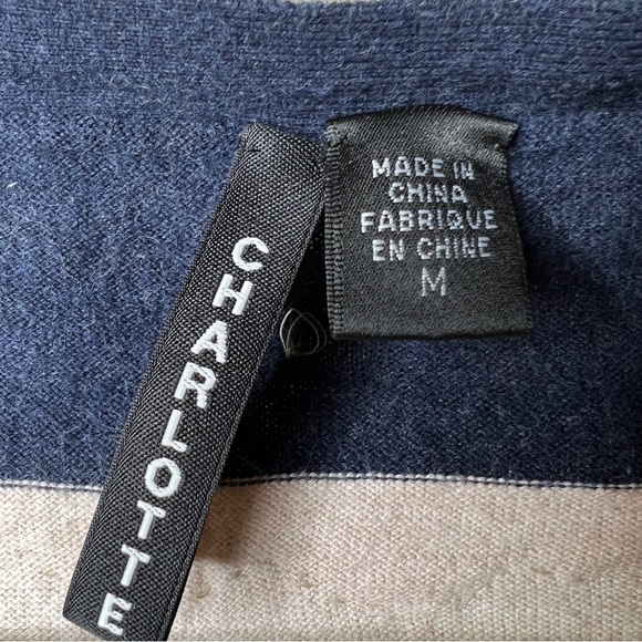 ANTHROPOLOGIE / CHARLOTTE Navy & Oatmeal Stripe Cardigan with Lace Trim - Sz M - Picture 2 of 9